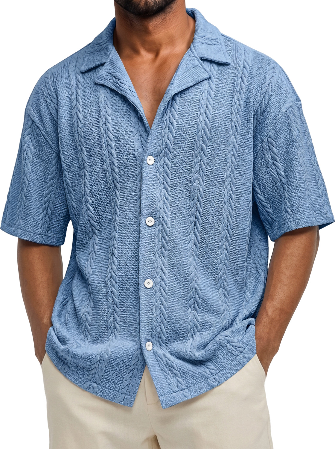 Men's Casual Solid-Color Short-Sleeve Shirt with Jacquard Texture