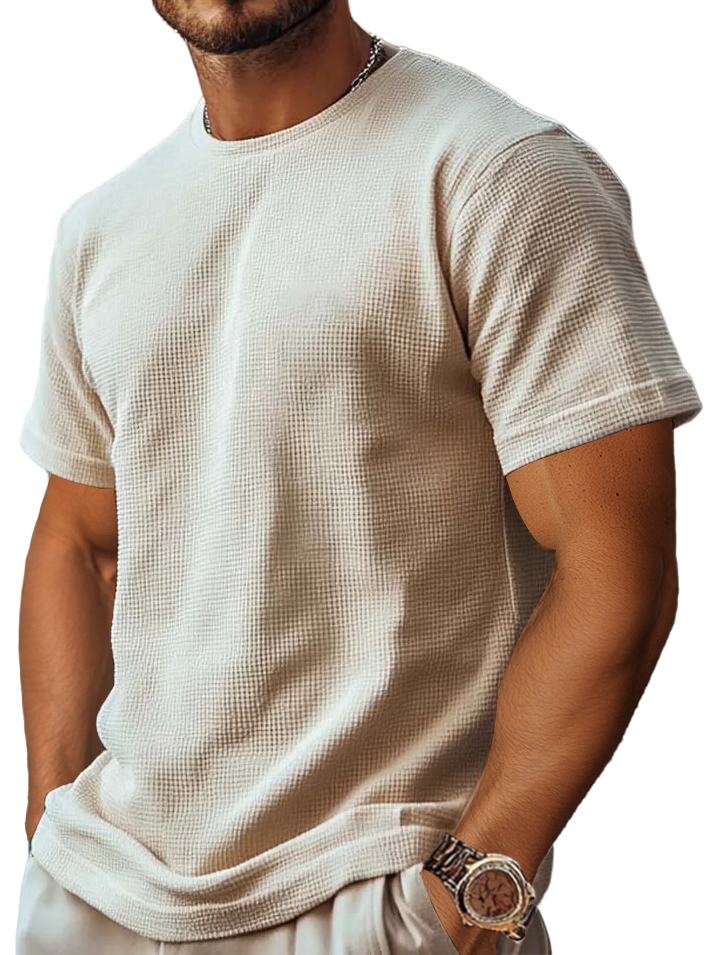Men's Retro And Stylish Waffle Fabric With A Comfortable, Basic Straight-shoulder Slim-fitting T-shirt