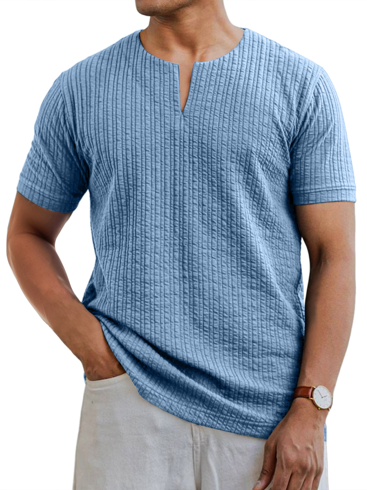 Men's Daily V-neck Pit Strip Casual Solid Color Short-sleeved T-shirt