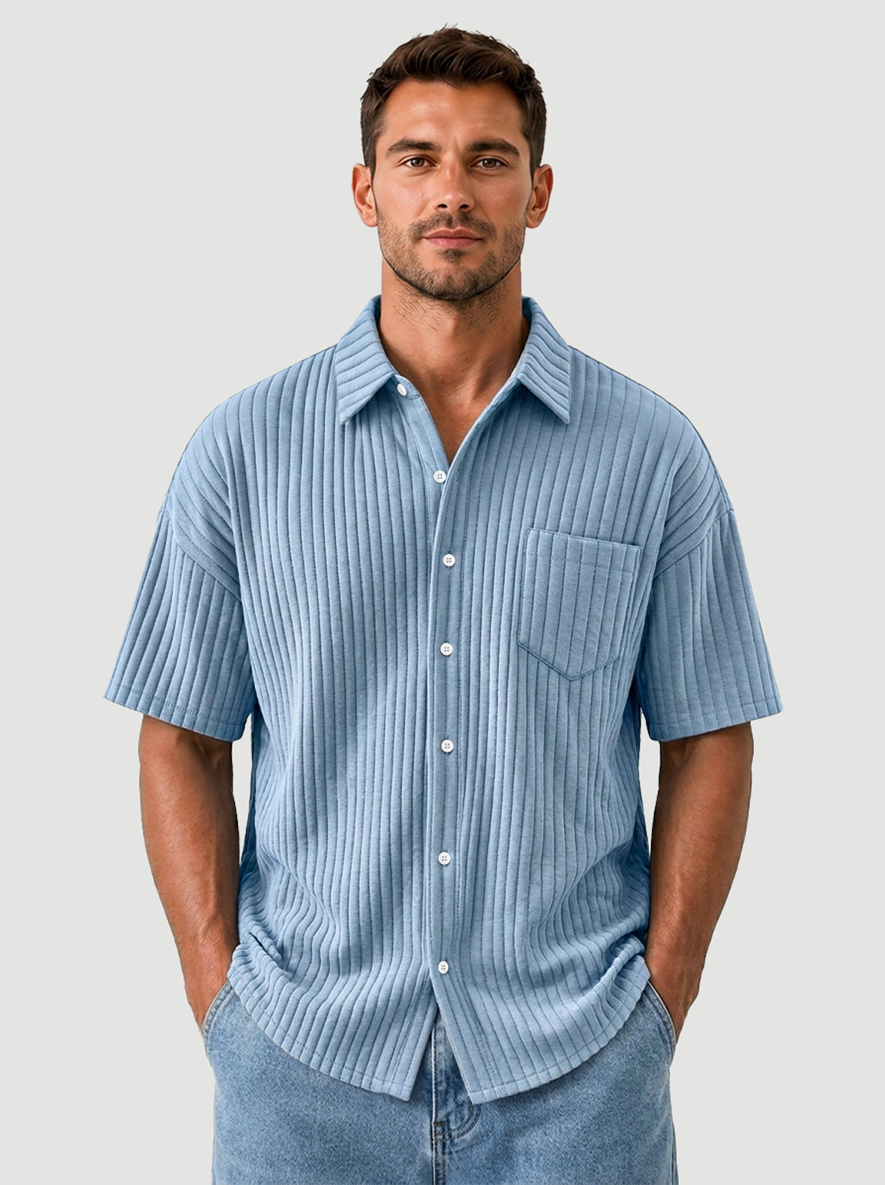 Men's Casual Solid-Color Short-Sleeve Shirt with Wide Ribbing