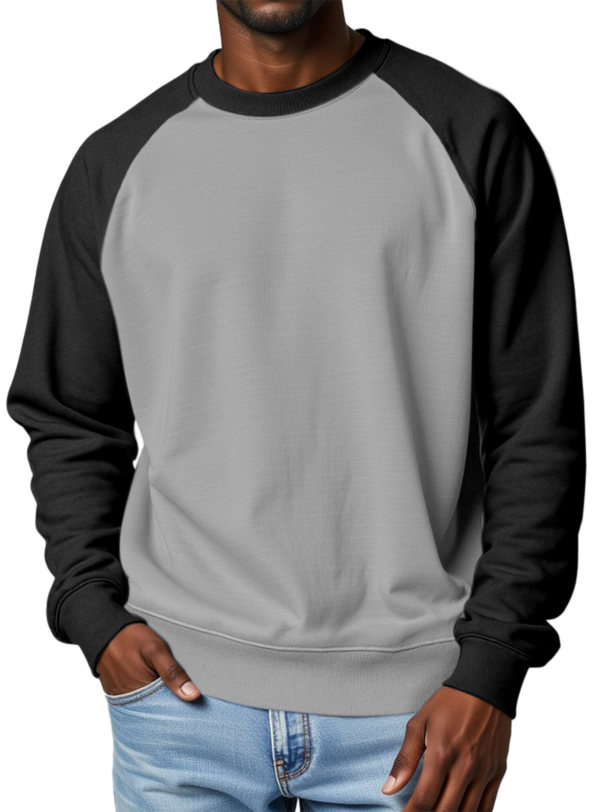 Men's 360g Cotton Solid Color Casual Raglan Round Neck Long-sleeved Sweatshirt