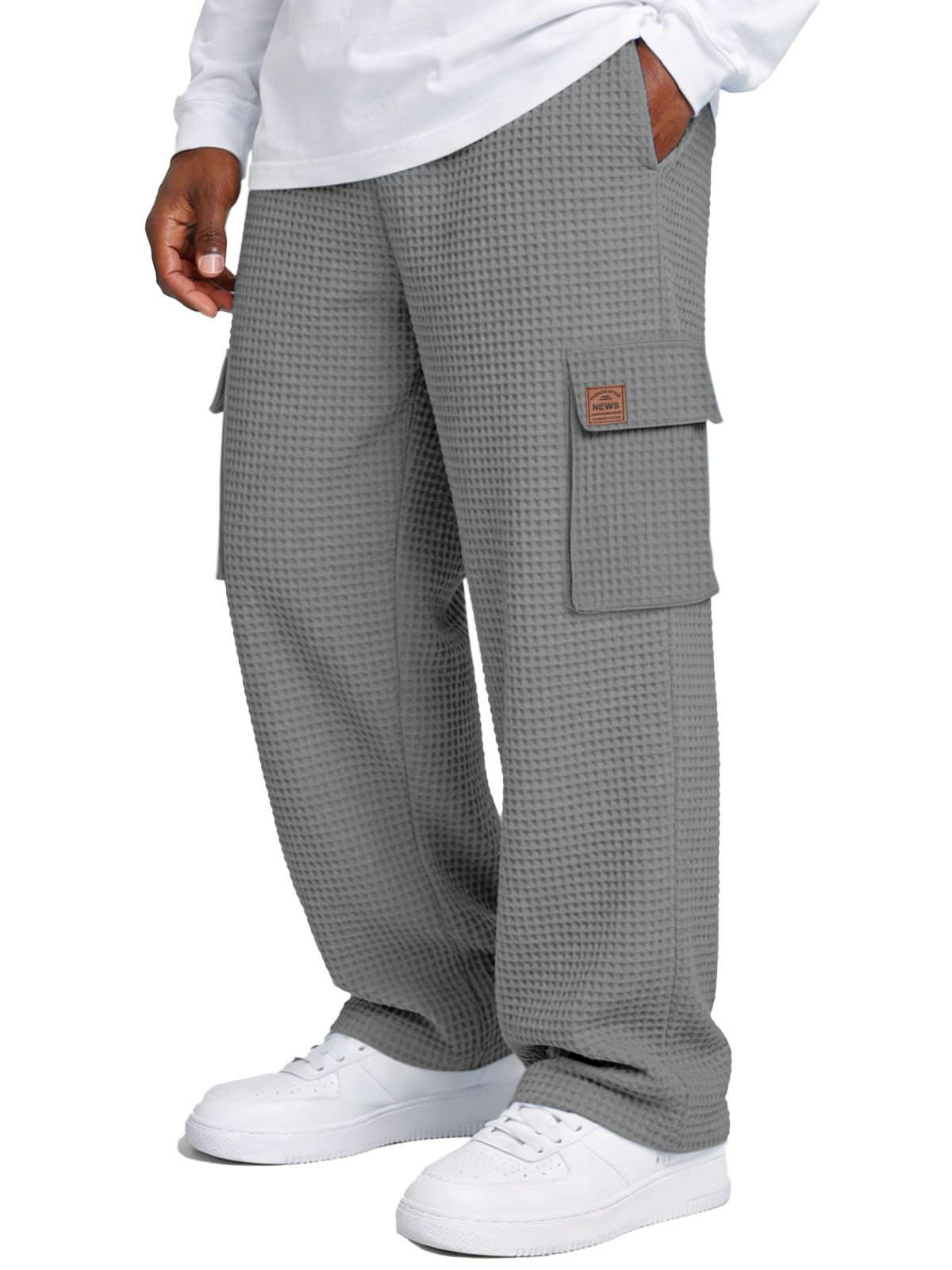 Simple Waffle-knit Loose Casual Straight-leg Pants With Pockets