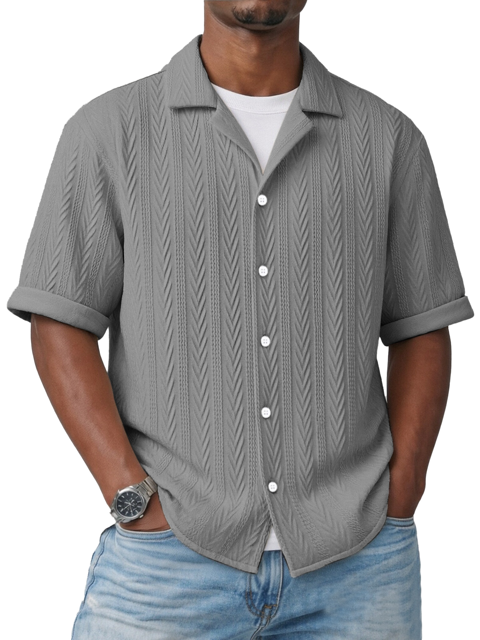 Simple Everyday Textured Short-sleeved Cuban Collar Shirt