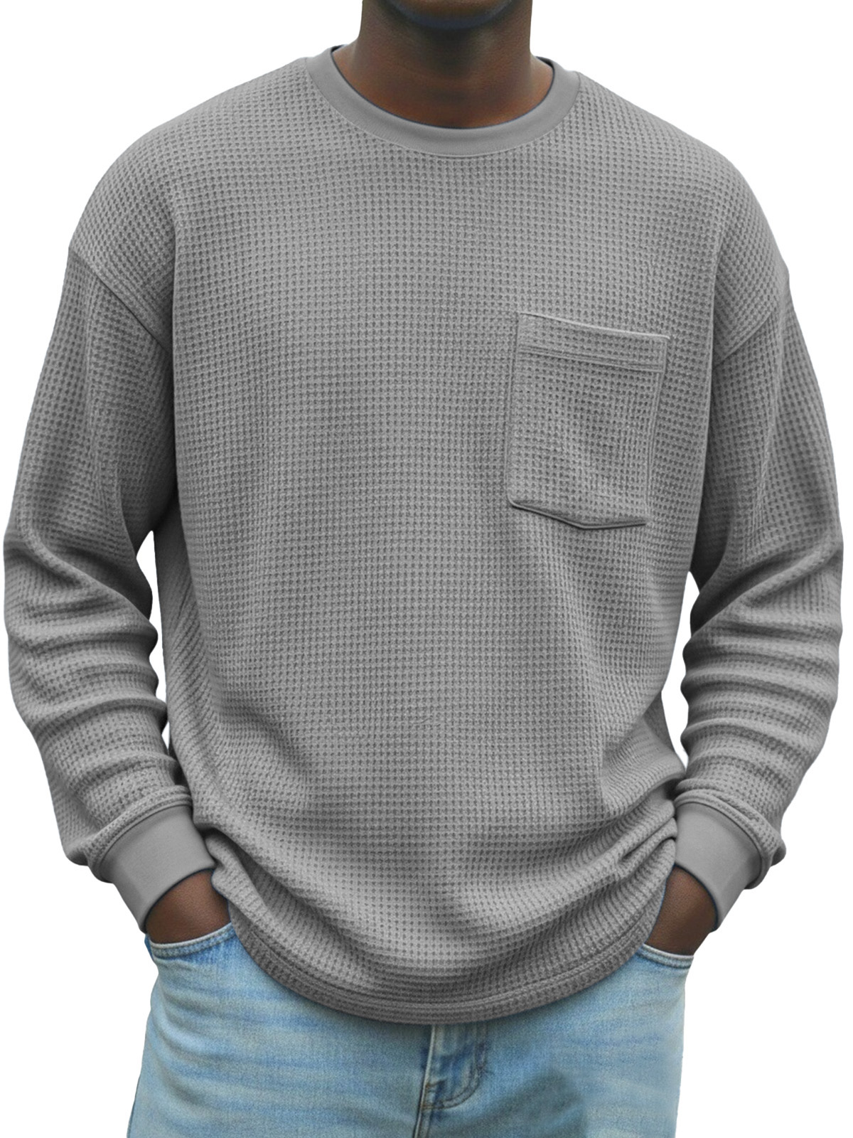 Men's Stylish Waffle-knit Pocket Long-sleeved Crew Neck T-shirt