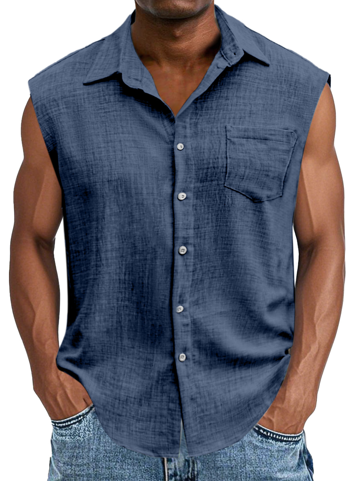 Men's Casual And Comfortable Imitation Linen Button Sleeveless Lapel Shirt