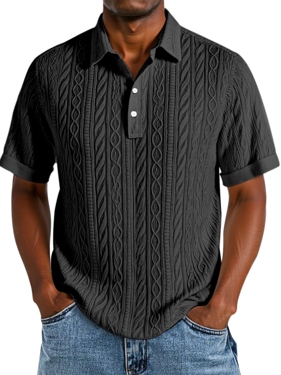 Men's Comfortable Solid Color Textured Short-sleeved Lapel Polo Shirt
