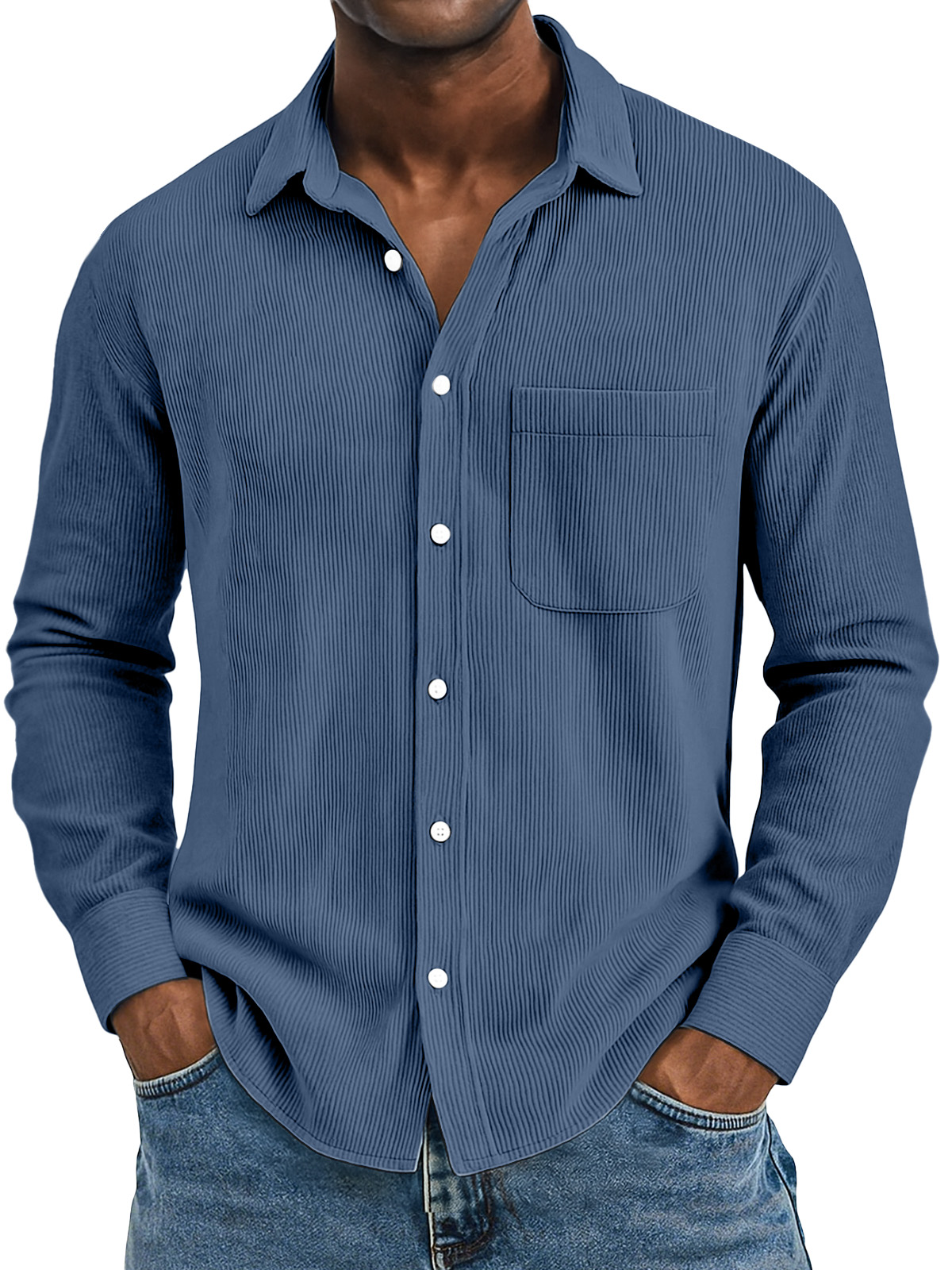Men's Casual Solid Color Vertical Pit Strip Pocket Lapel Long-sleeved Shirt