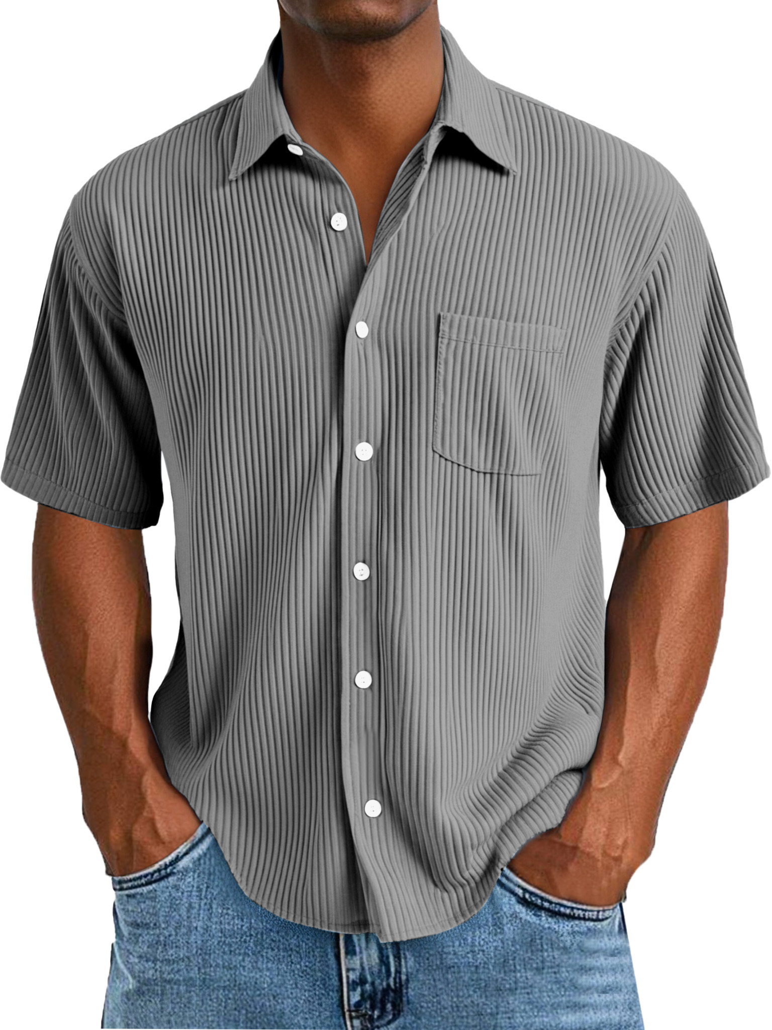 Men's Daily Casual Solid Color Vertical Pit Short-sleeved Lapel Shirt