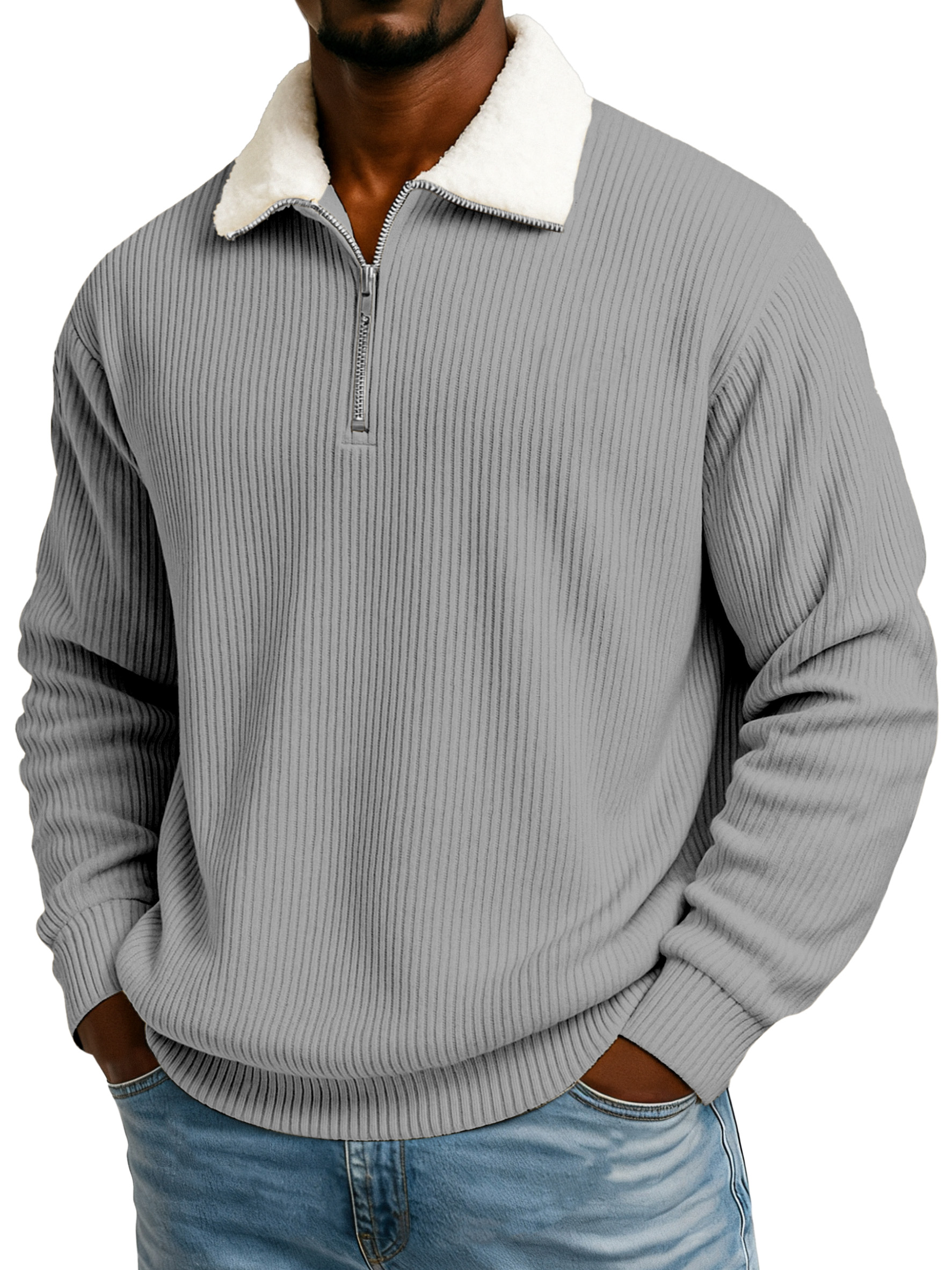 Men's Winter Pit Striped Plush Stand Collar Casual Sweatshirt