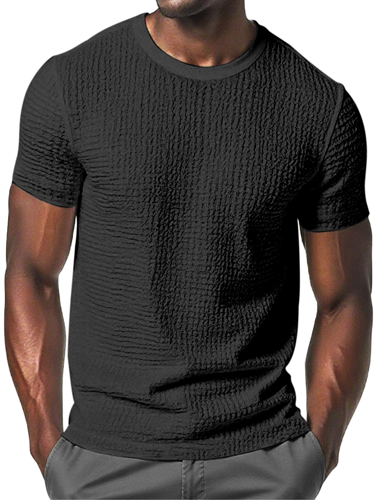 Men's Daily Solid Color Pleated Texture Comfortable Round Neck Short-sleeved T-shirt