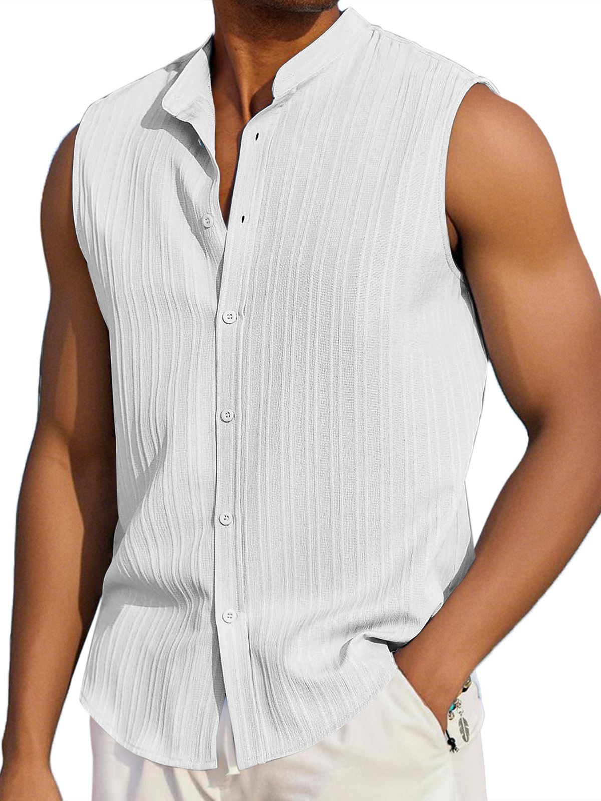 Men's Summer Casual Solid Color Vertical Stripe Loose Lapel Button Sleeveless Shirt