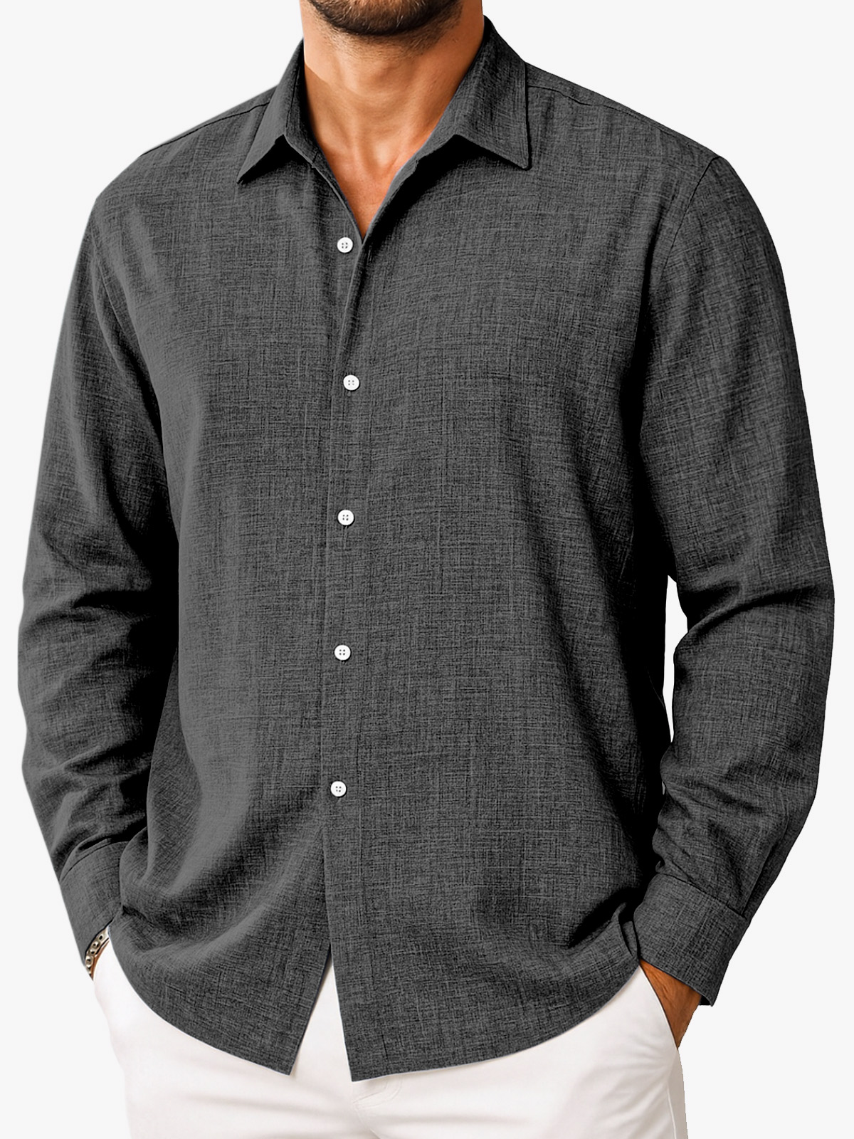 Men's Simple Casual Solid Color Comfortable Loose Lapel Long-sleeved Shirt
