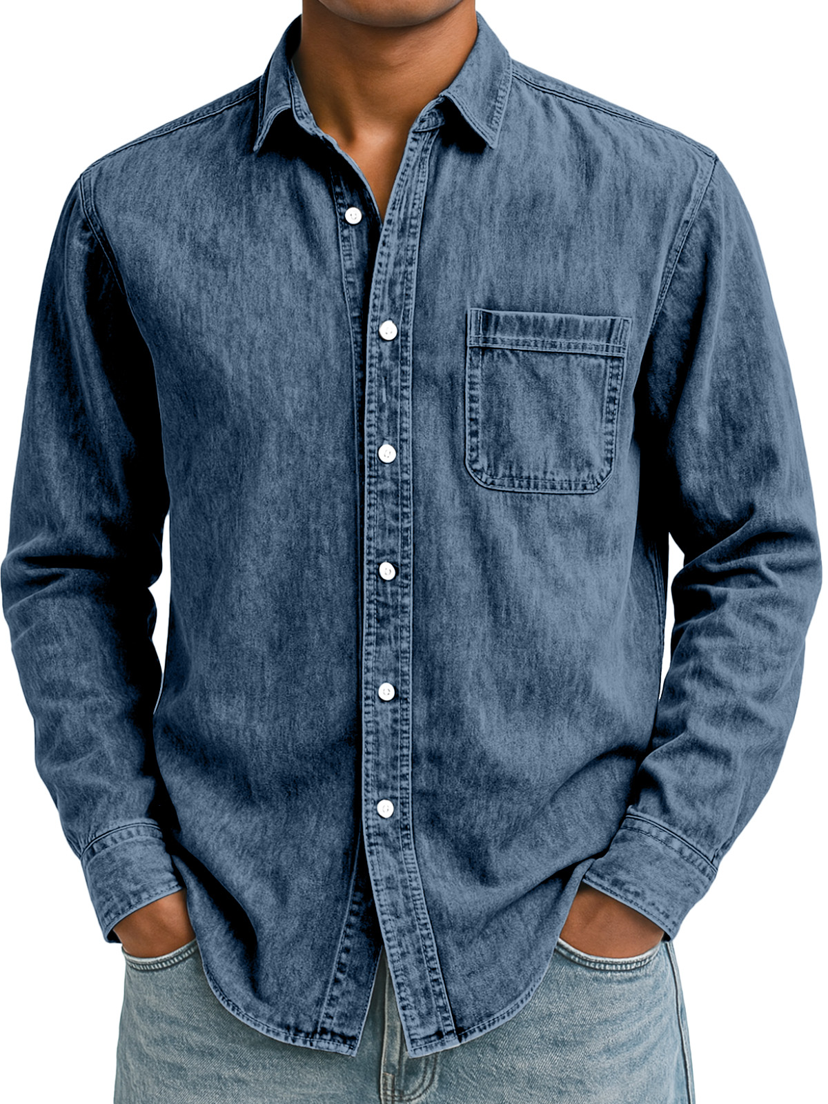 Men's Simple Retro Solid Color Lapel Long-sleeved Shirt
