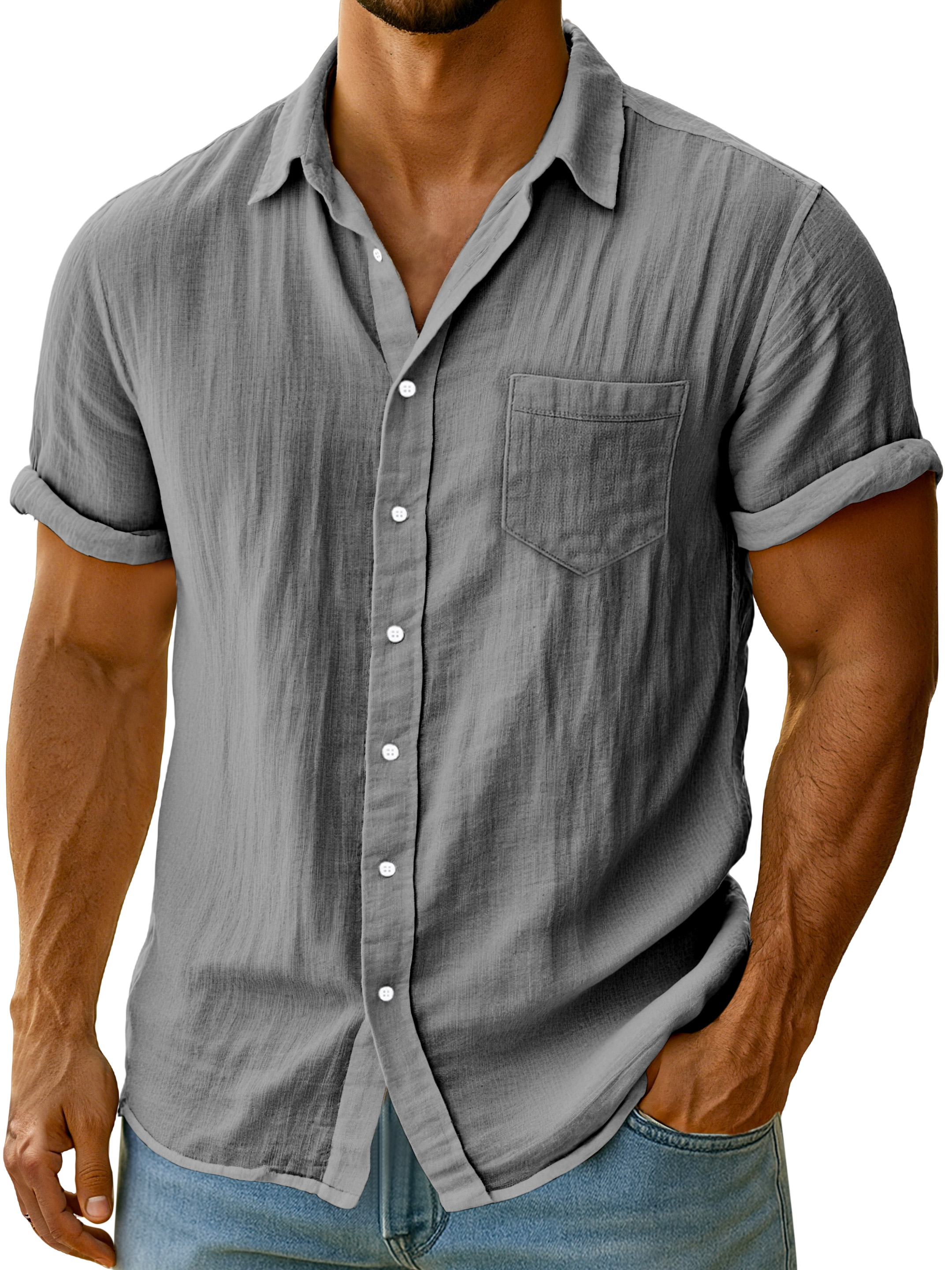 Men's Casual Solid Color Breathable Imitation Linen Button Short-sleeved Shirt