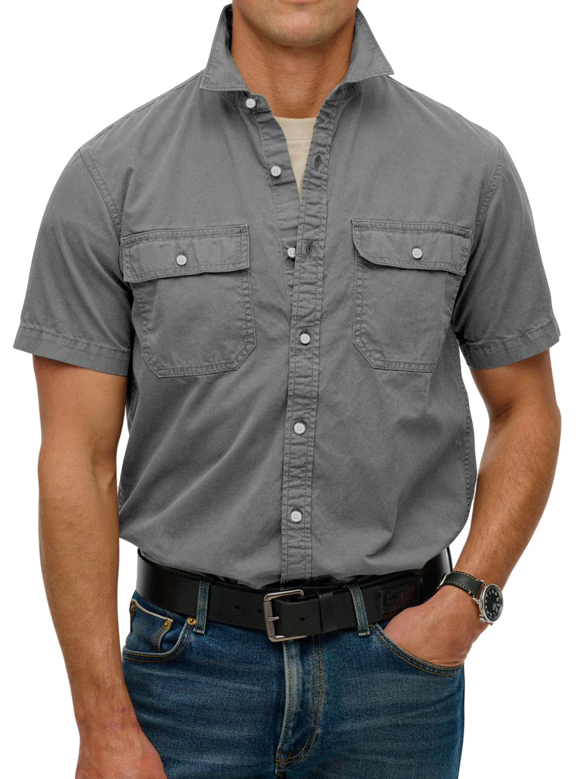 Men's simple double-pocket lapel button-down short-sleeved shirt