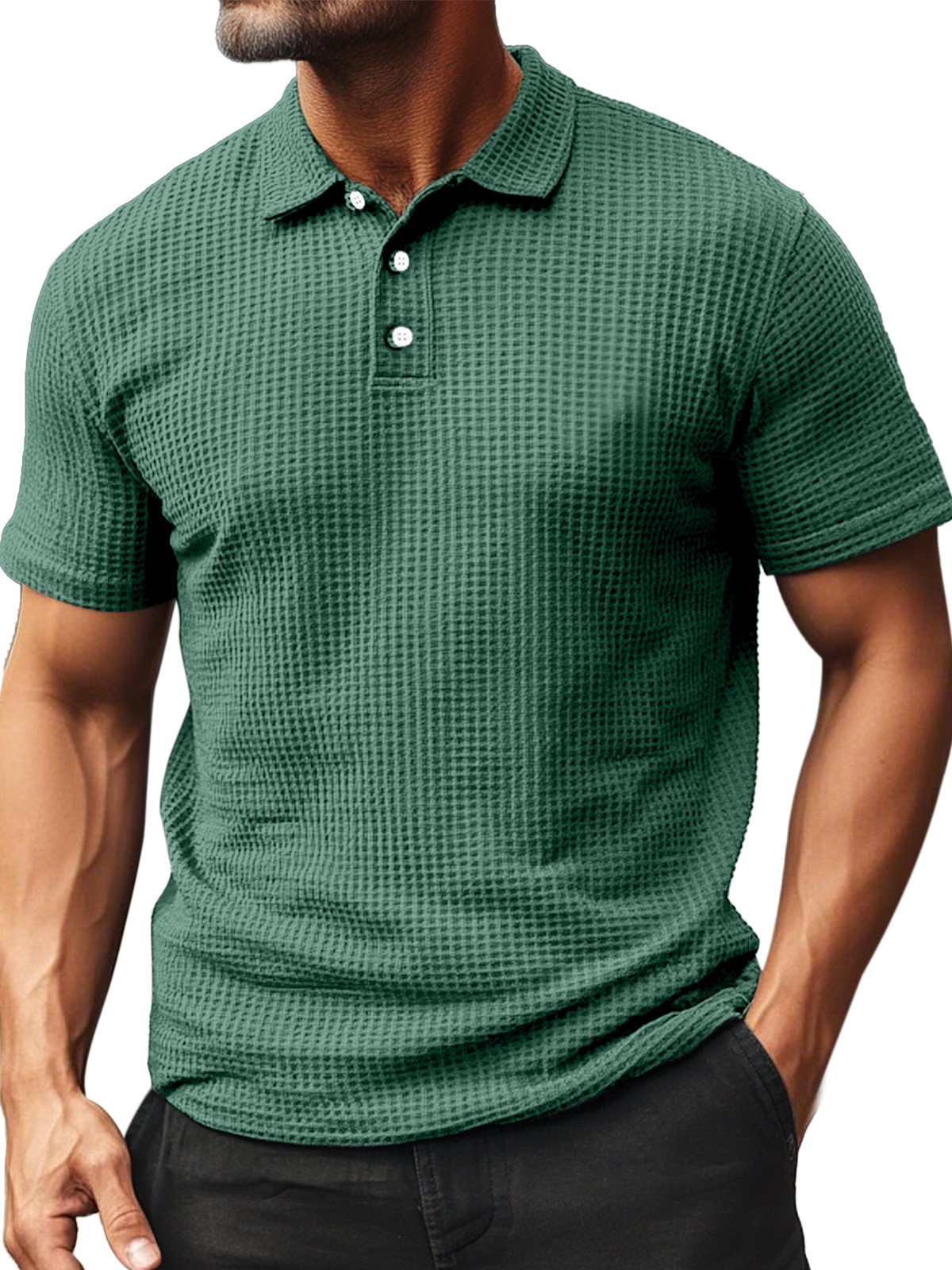 Men's Summer Daily Waffle Texture Short Sleeve Button-up Polo Shirt