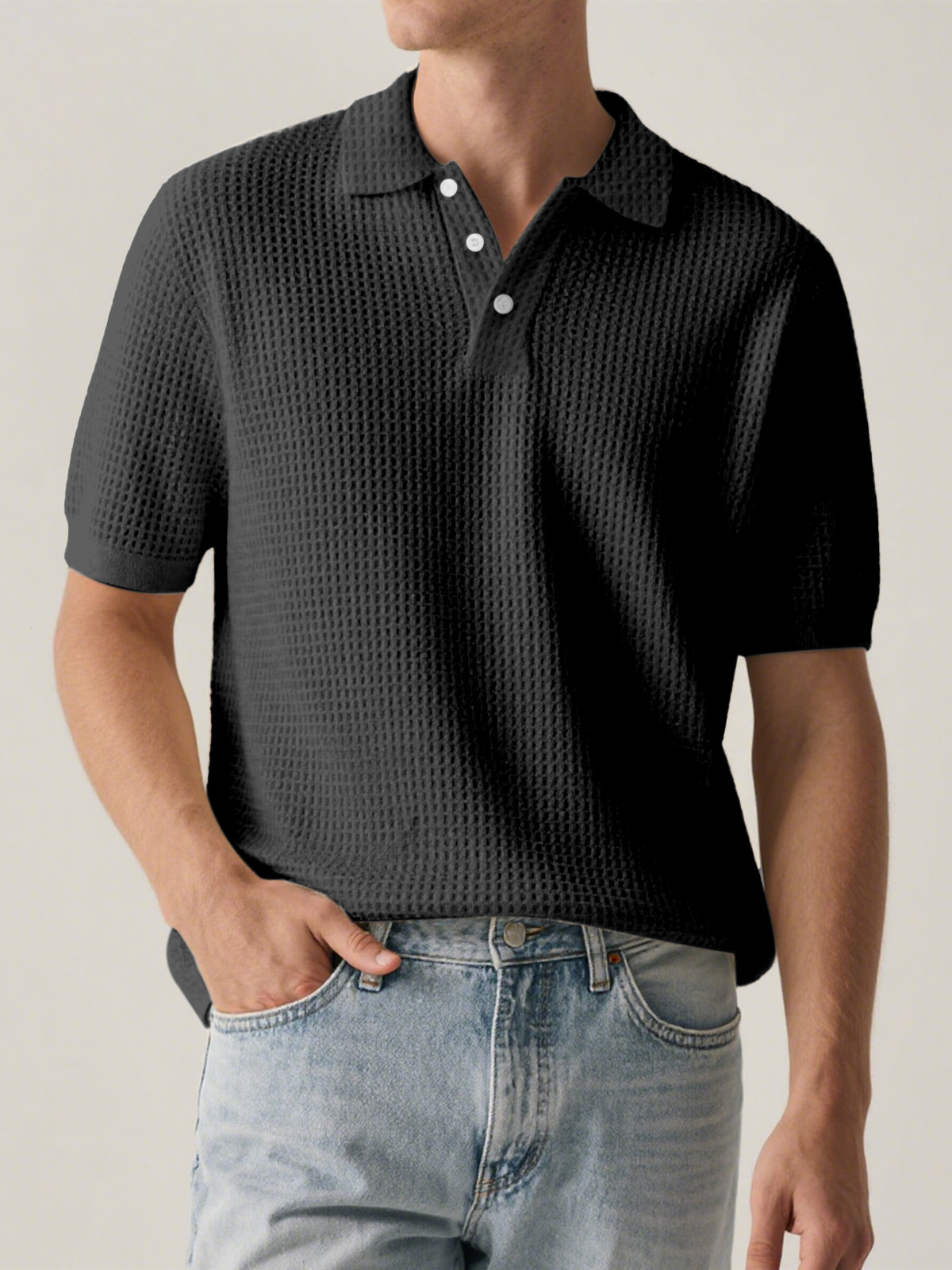 Men's Everyday Solid Color Waffle Short Sleeve Lapel Polo Shirt