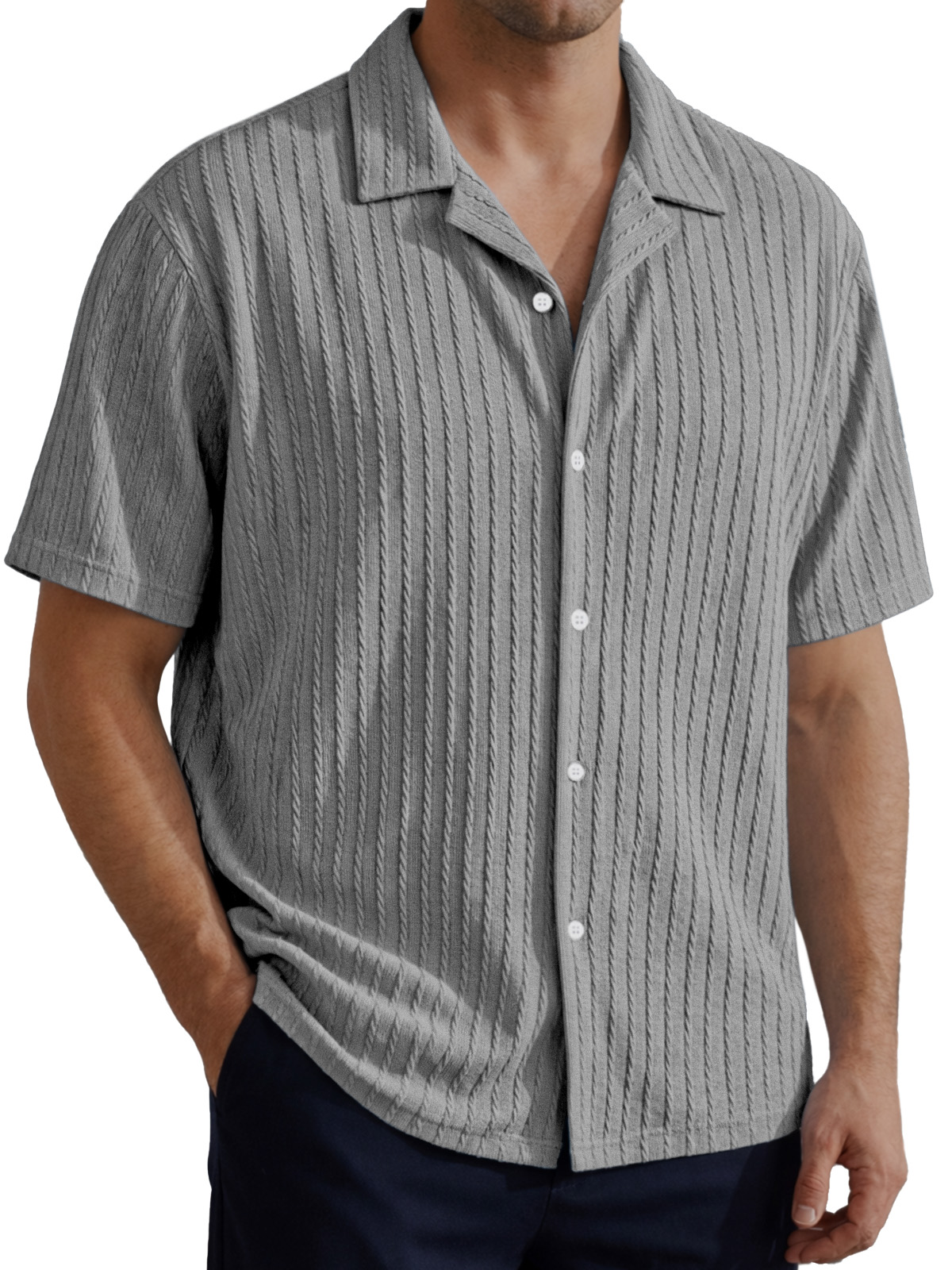 Men's Simple Solid Color Cable Knit Textured Short-Sleeve Collared Shirt