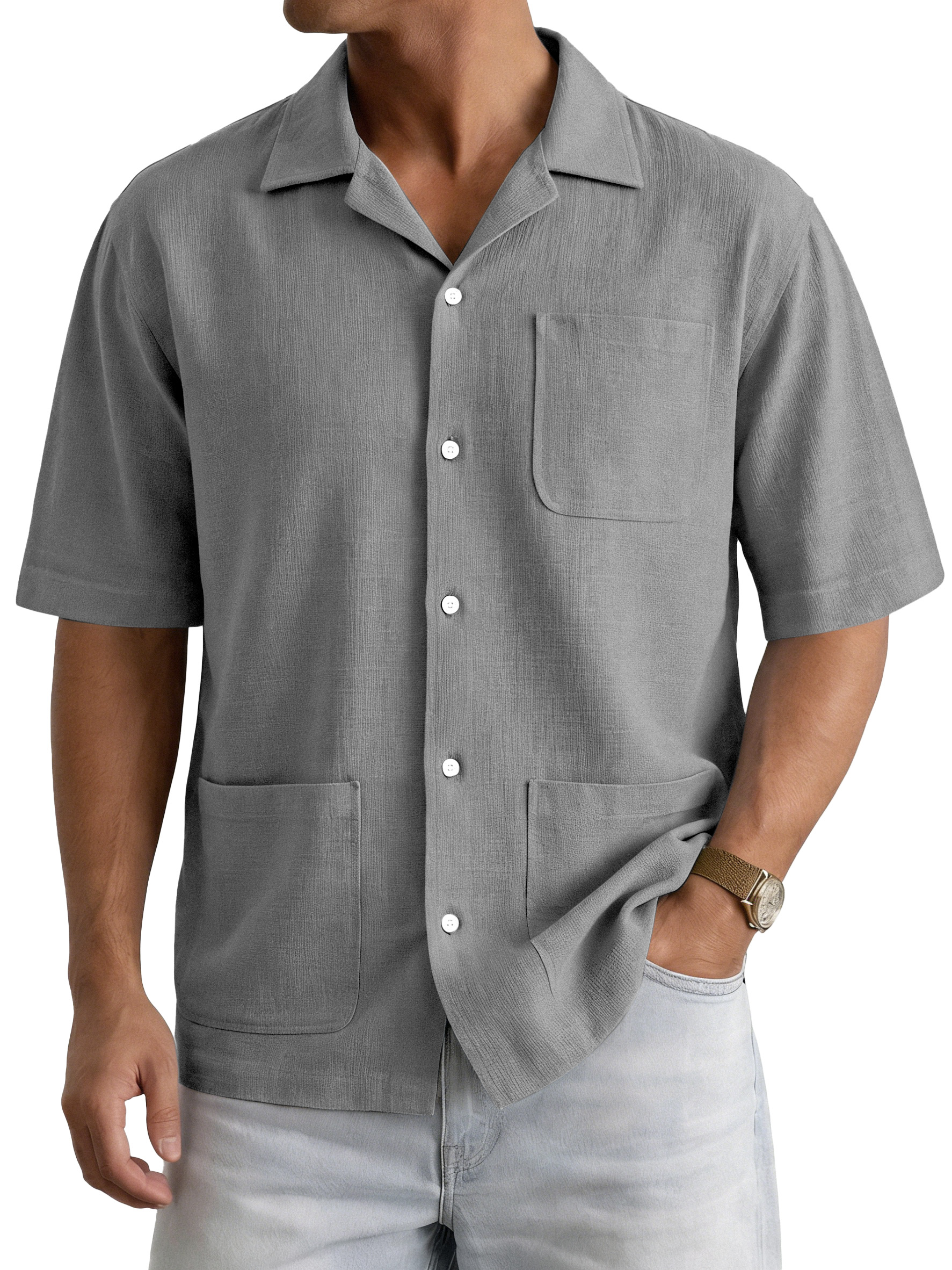 Men's Casual Simple Solid Color Multi-Pocket Cuban Collar Short-Sleeve Shirt