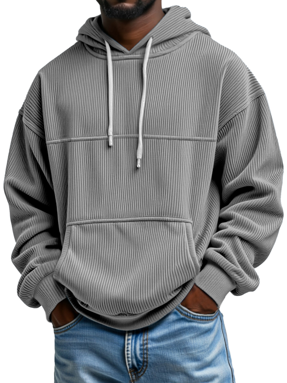 Men's Simple And Comfortable Vertical Pit Striped Loose Hooded Sweatshirt