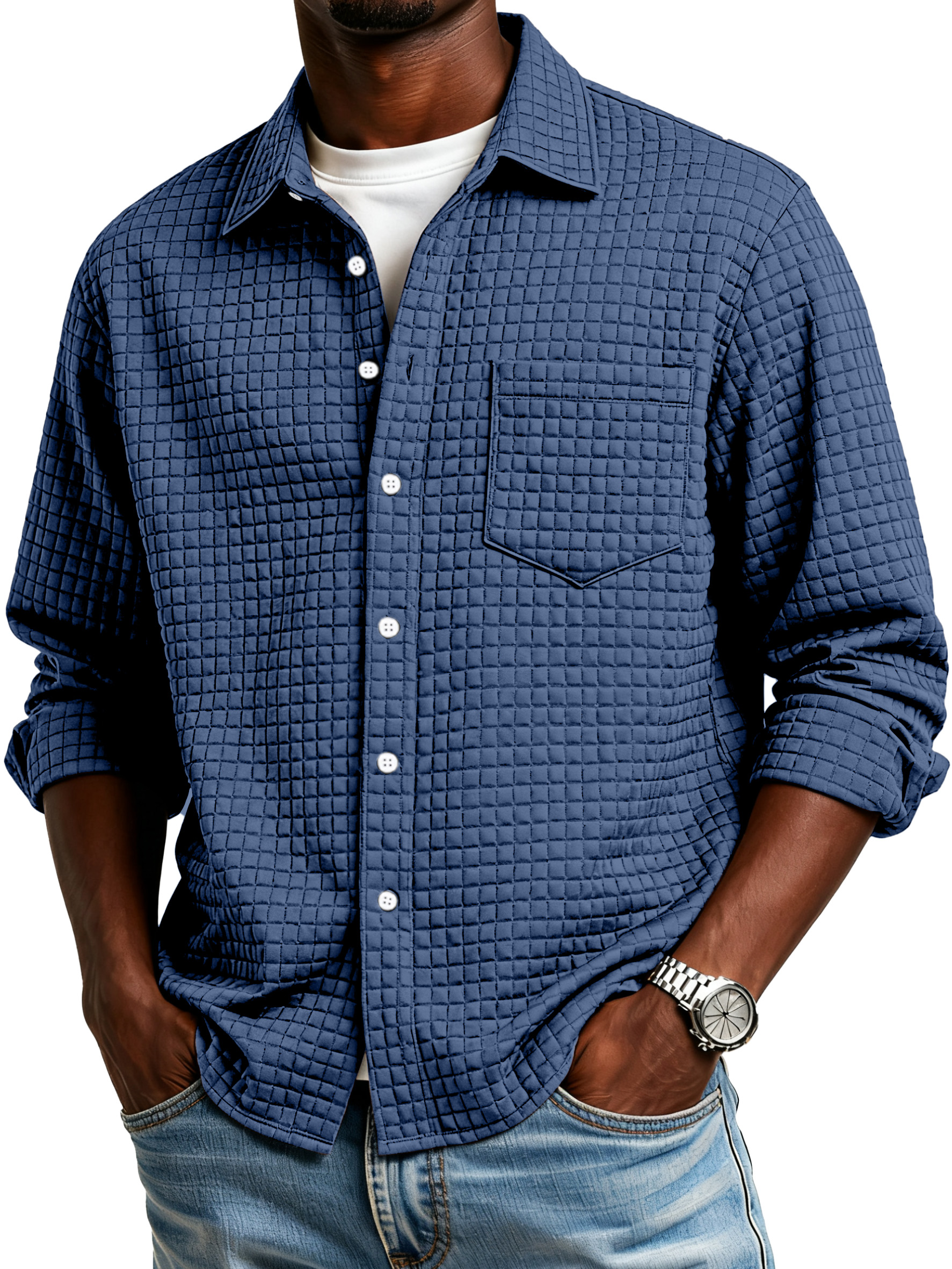 Men's Simple Small Checkered Textured Lapel Button-down Long-sleeved Shirt
