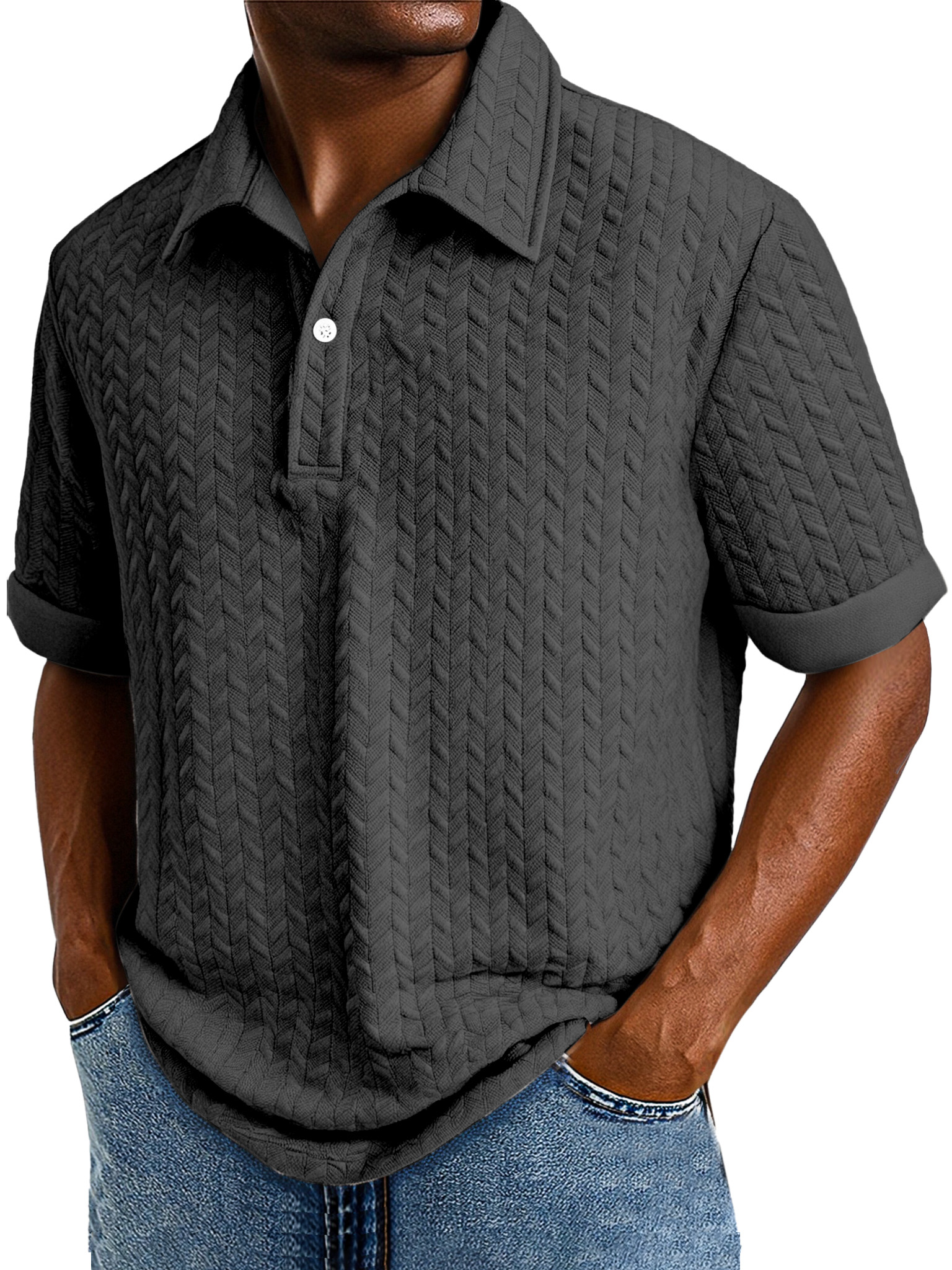 Men's Comfortable Solid Color Textured Short-sleeved Lapel Polo Shirt