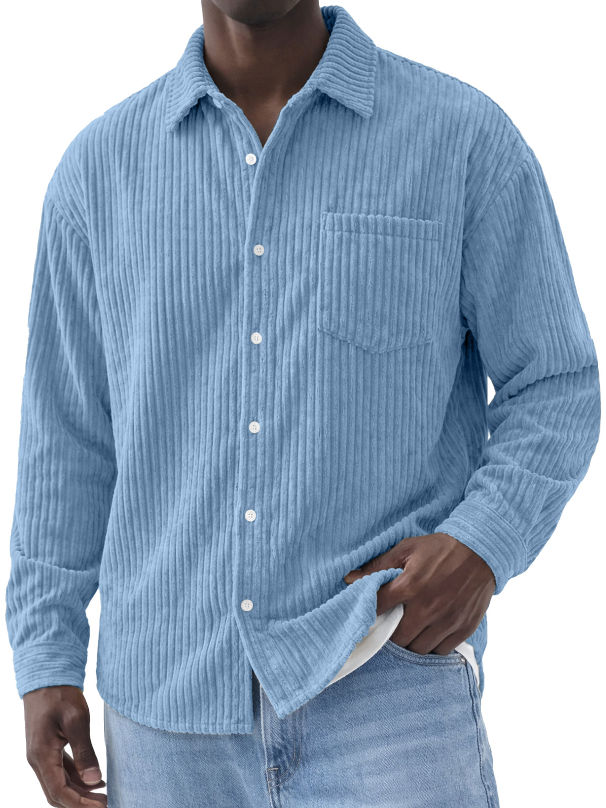 Men's Simple Solid Color Corduroy Long-Sleeve Polo Shirt