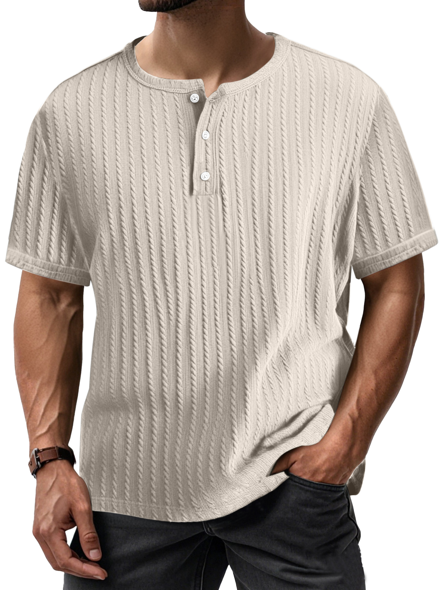 Men's Simple Casual Textured Short-sleeved Henley Shirt