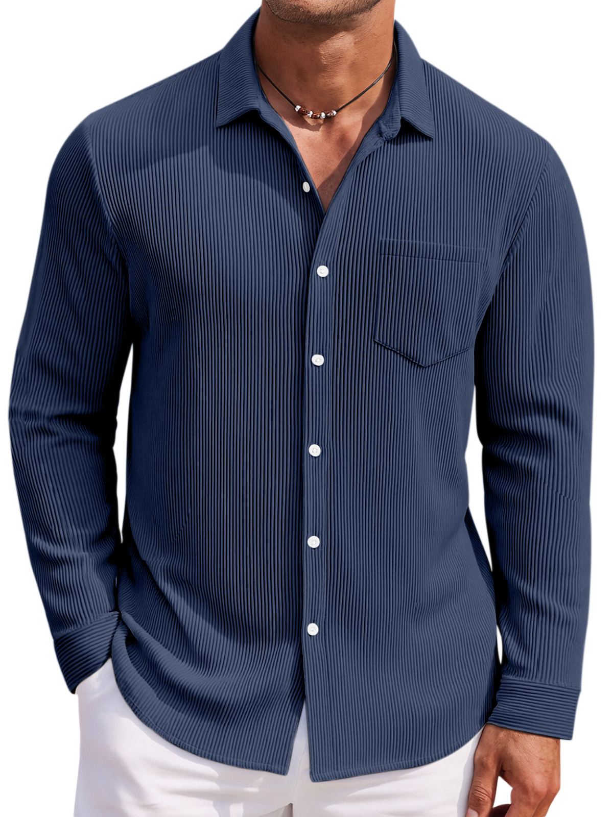 Men's Loose Daily Breathable Solid Color Vertical Pit Strip Long-sleeved Shirt