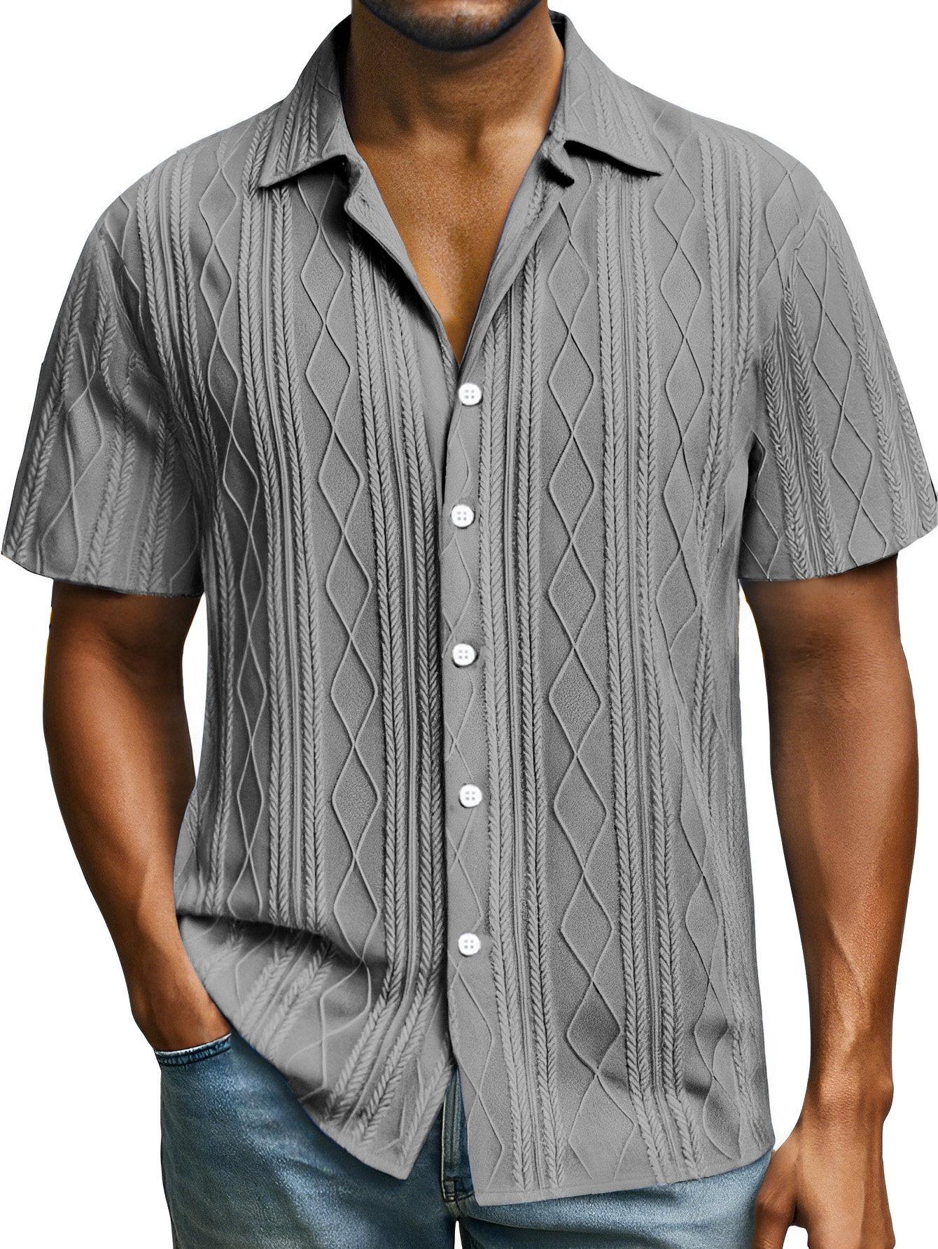 Men's Casual Daily Simple Solid Color Texture Button Lapel Short-sleeved Shirt