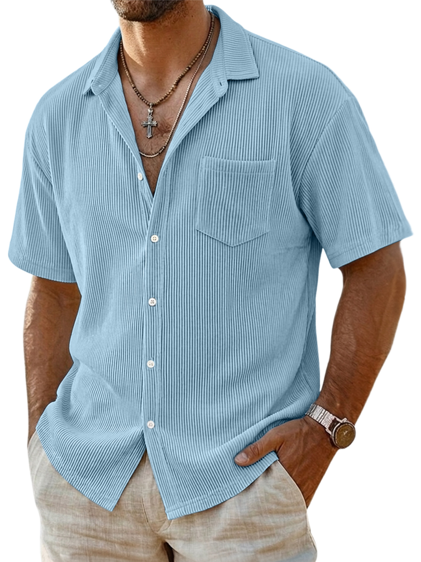 Men's Casual Ribbed Pocket Short-sleeved Shirt