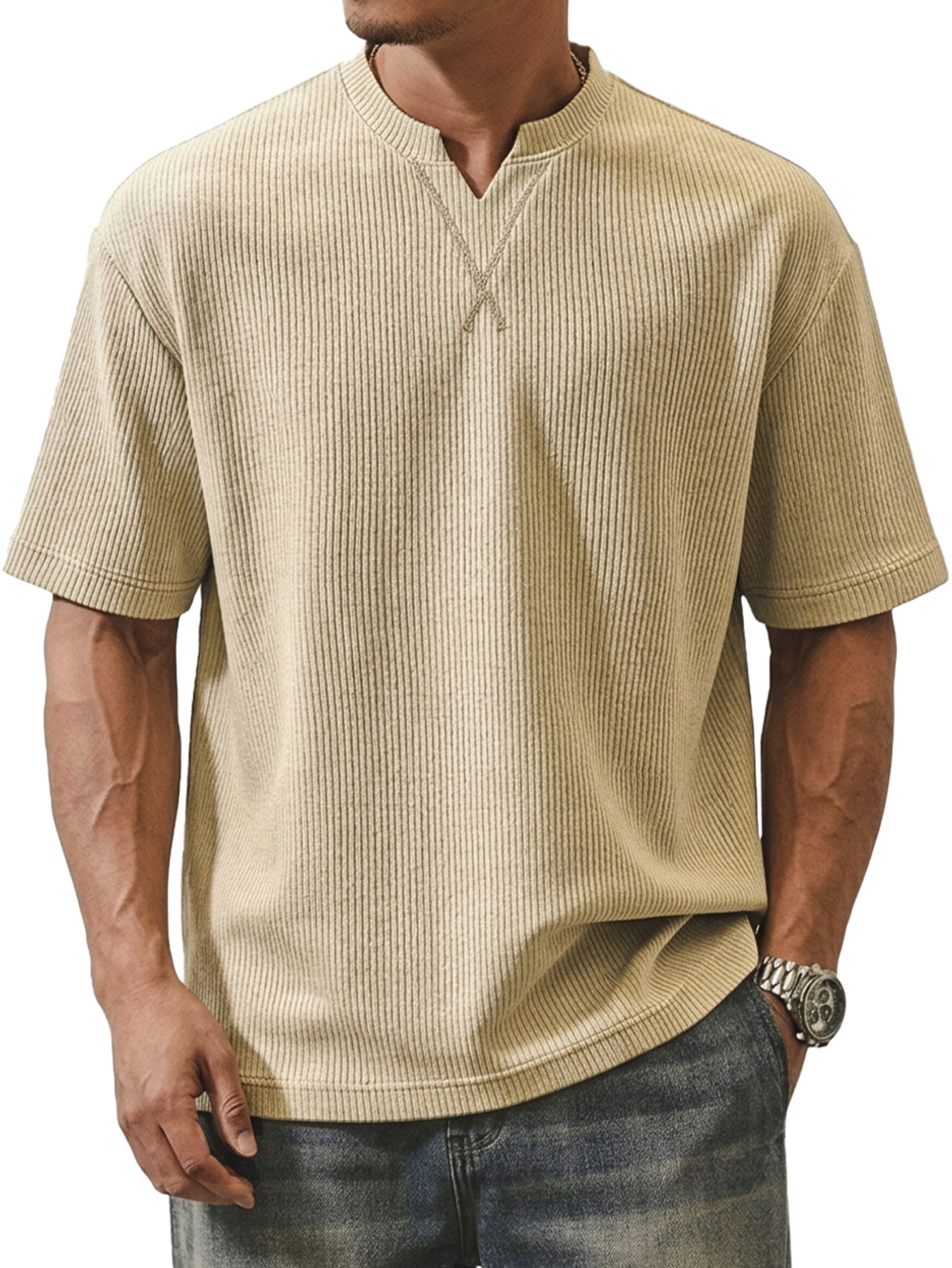 Men's Ribbed V-neck Crossover Design Casual Short-sleeve T-shirt