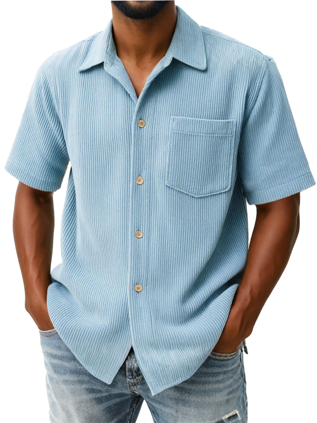 Men's Fashion Casual Ribbed Fabric Pocket Short-Sleeved Lapel Shirt