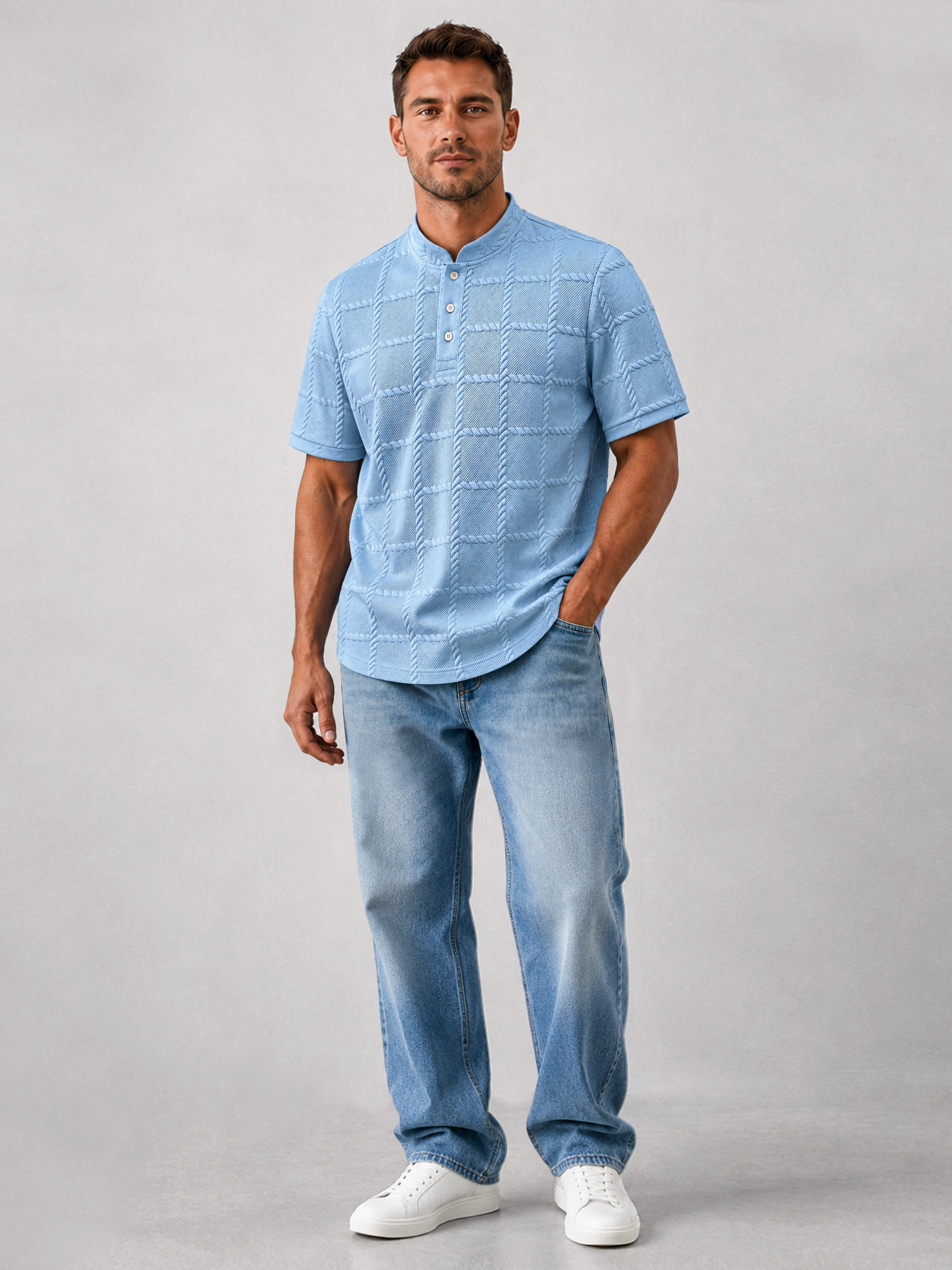Men's Casual Textured Stand-Collar Button-Front Solid-Color Short-Sleeve Henley Shirt