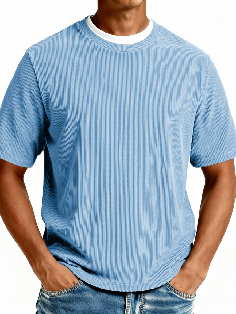 Men's Fashionable Casual Ribbed Fabric Faux Two-Piece Short-Sleeve Crew Neck T-Shirt
