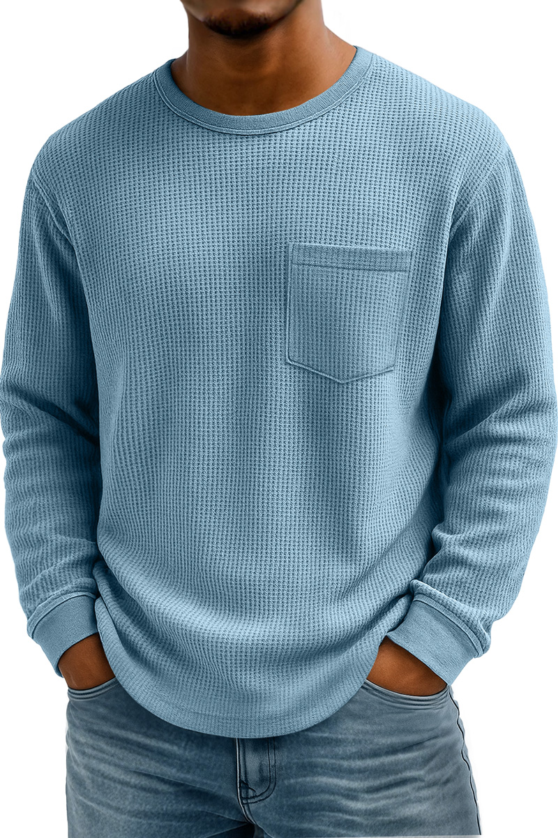 Men's Waffle Casual Crew Neck Pocket Long Sleeve T-Shirt