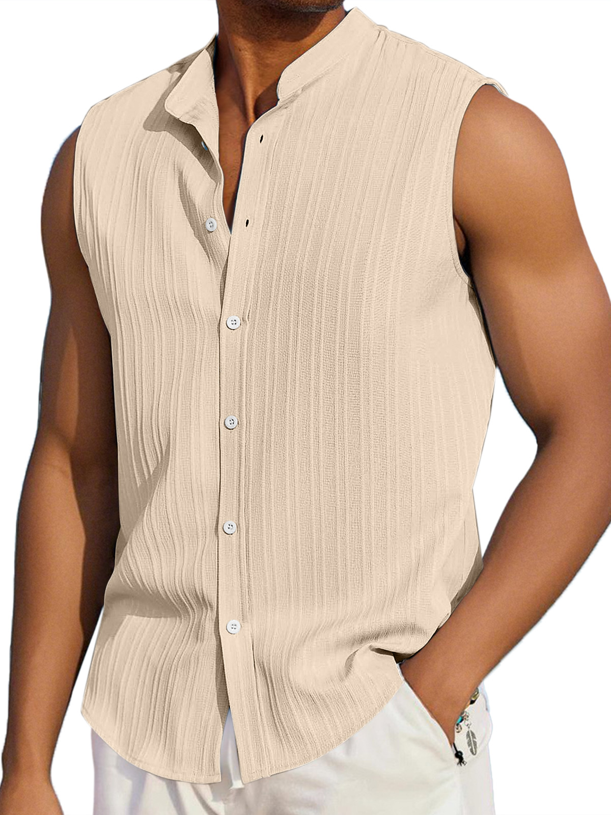 Men's Summer Casual Solid Color Vertical Stripe Loose Lapel Button Sleeveless Shirt