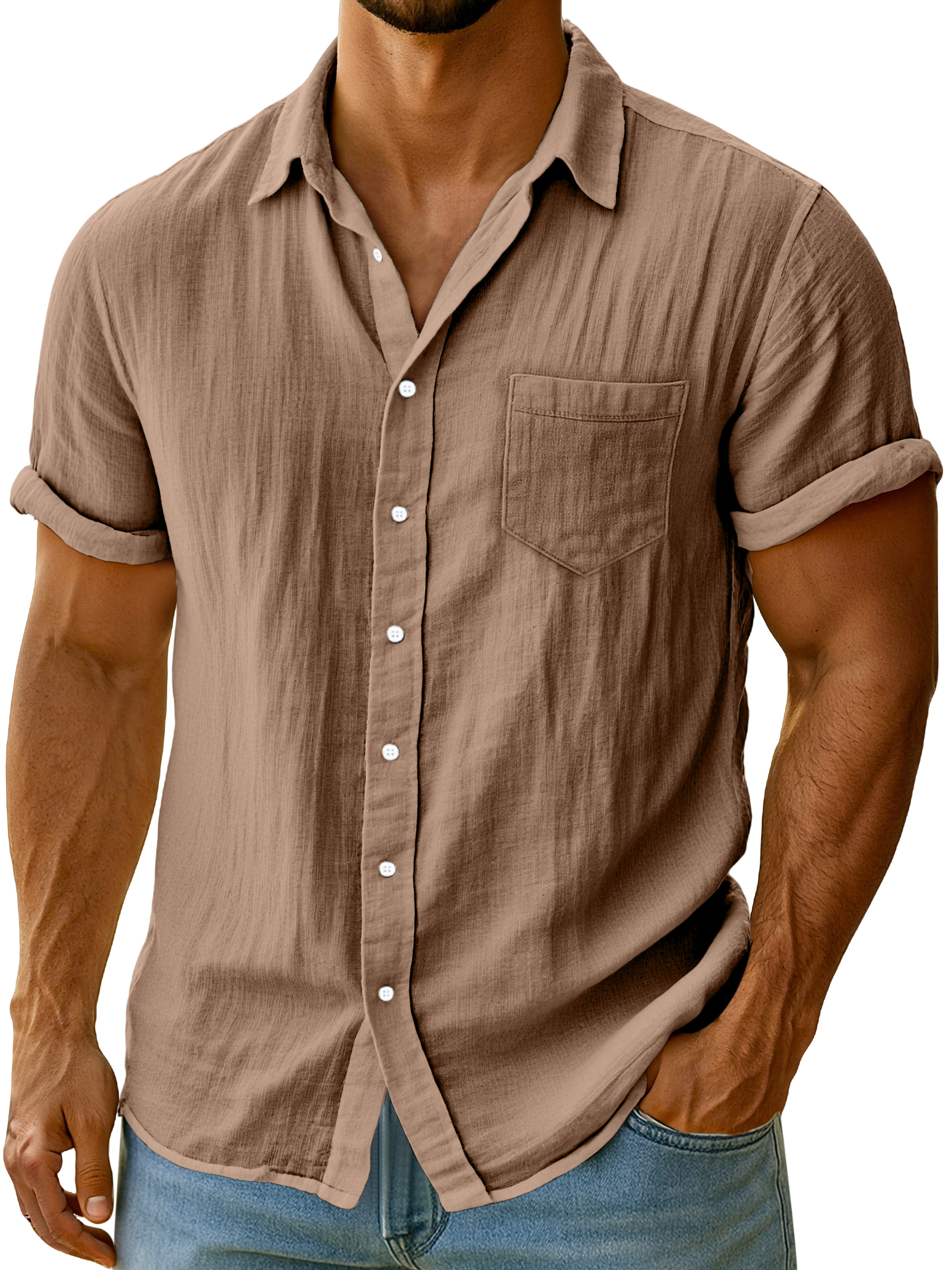 Men's Casual Solid Color Breathable Imitation Linen Button Short-sleeved Shirt