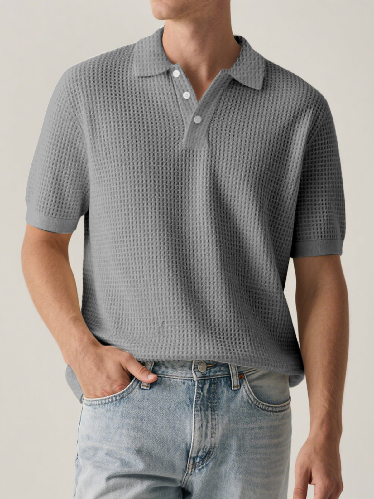 Men's Everyday Solid Color Waffle Short Sleeve Lapel Polo Shirt