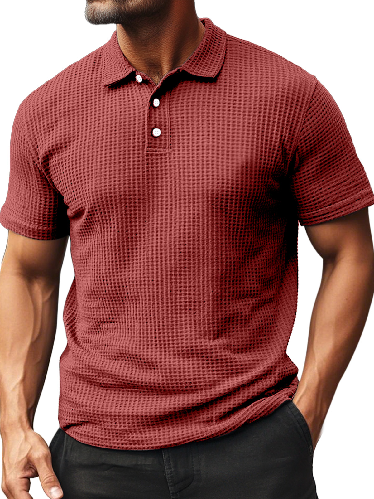 Men's Summer Daily Waffle Texture Short Sleeve Button-up Polo Shirt