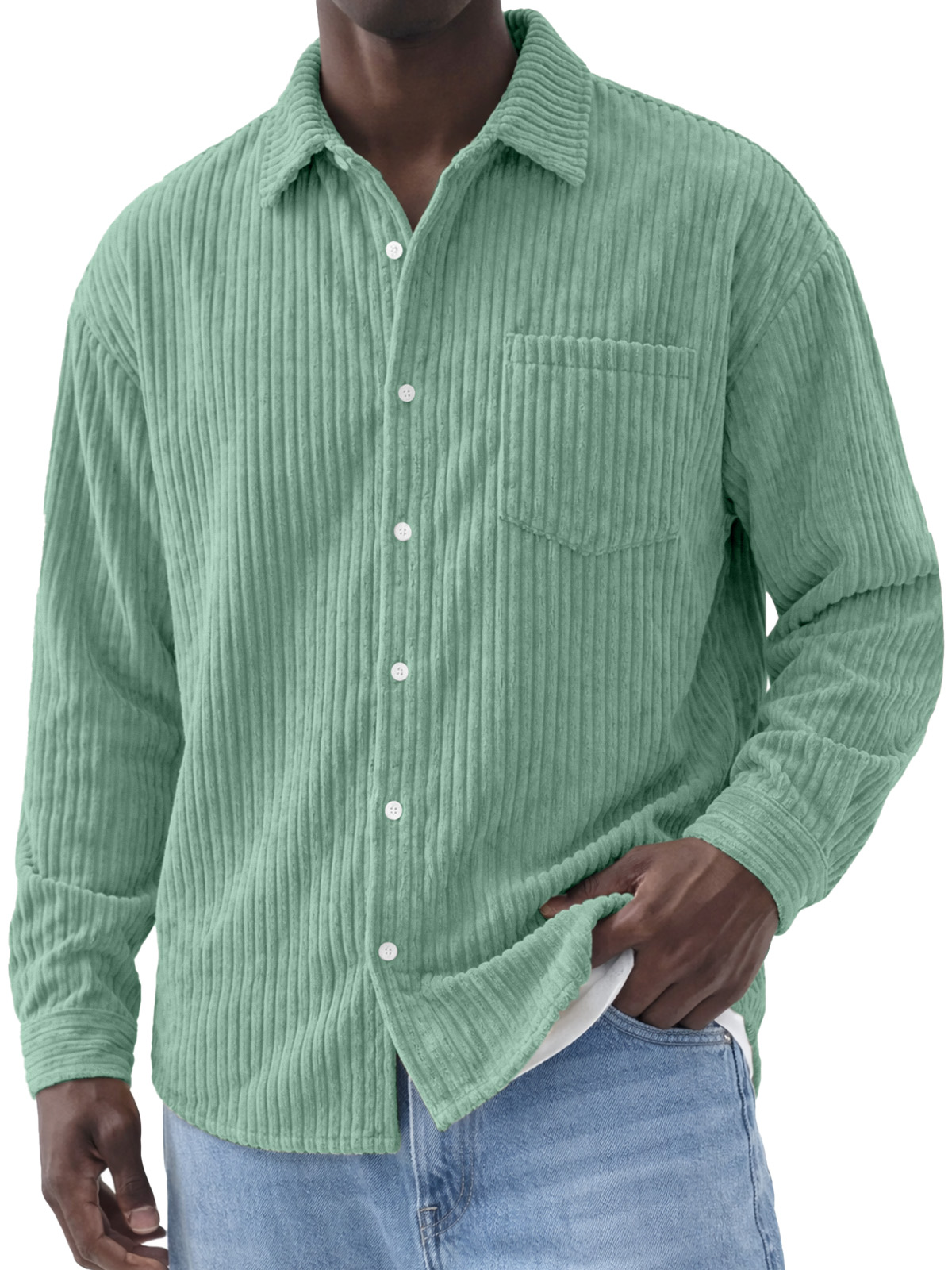 Men's Simple Solid Color Corduroy Long-Sleeve Polo Shirt