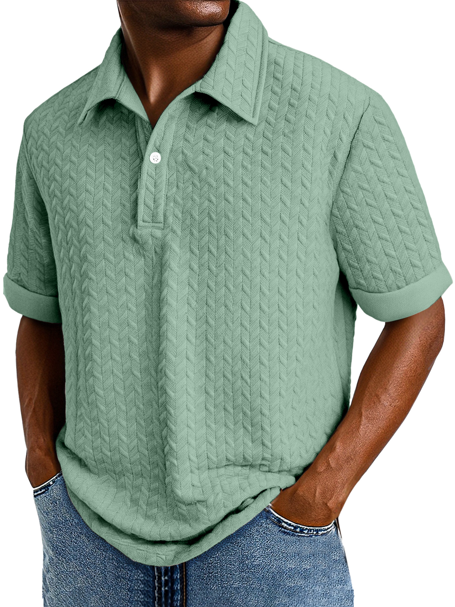 Men's Comfortable Solid Color Textured Short-sleeved Lapel Polo Shirt