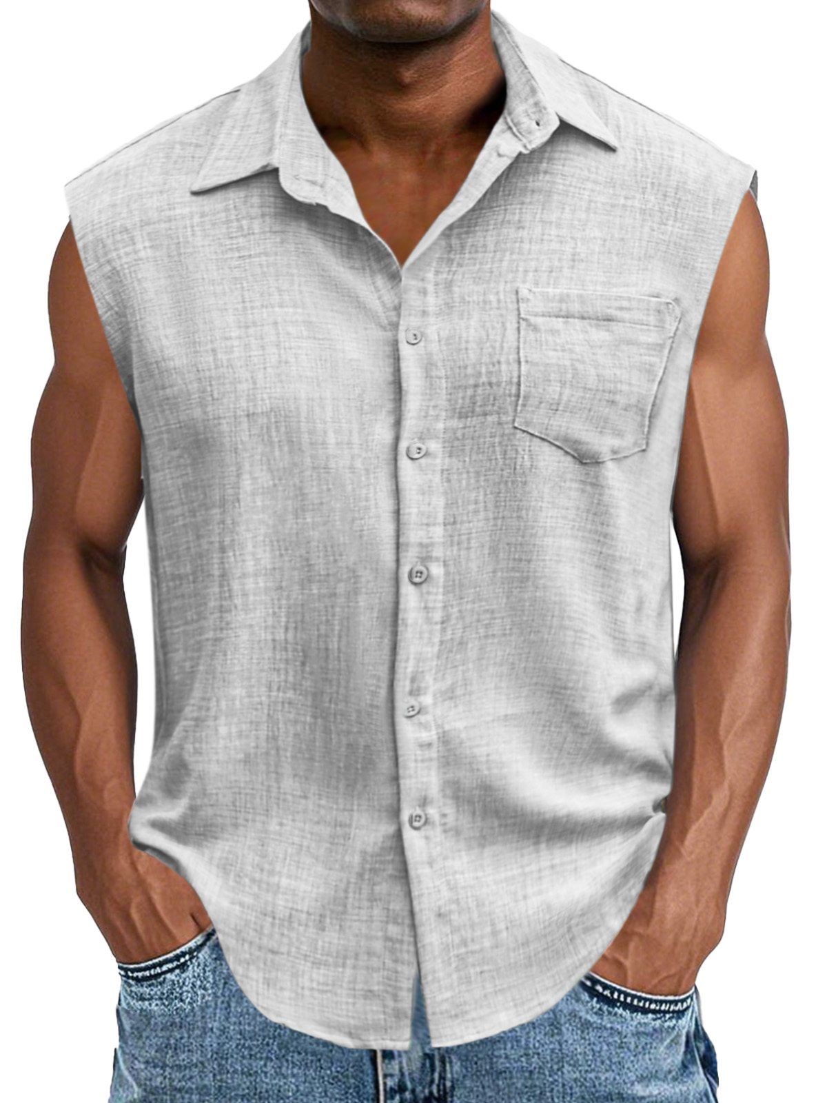 Men's Casual And Comfortable Imitation Linen Button Sleeveless Lapel Shirt