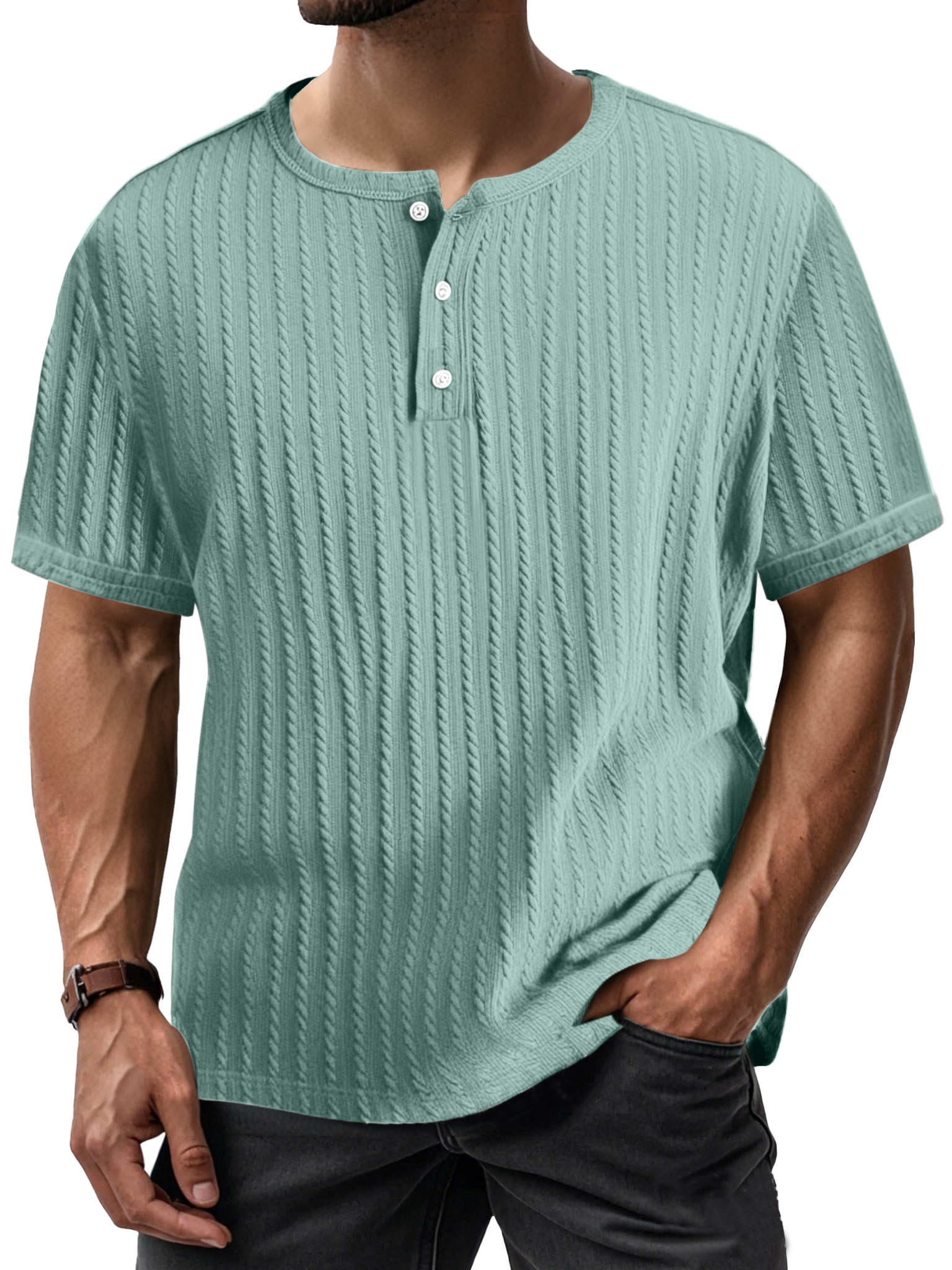 Men's Simple Casual Textured Short-sleeved Henley Shirt