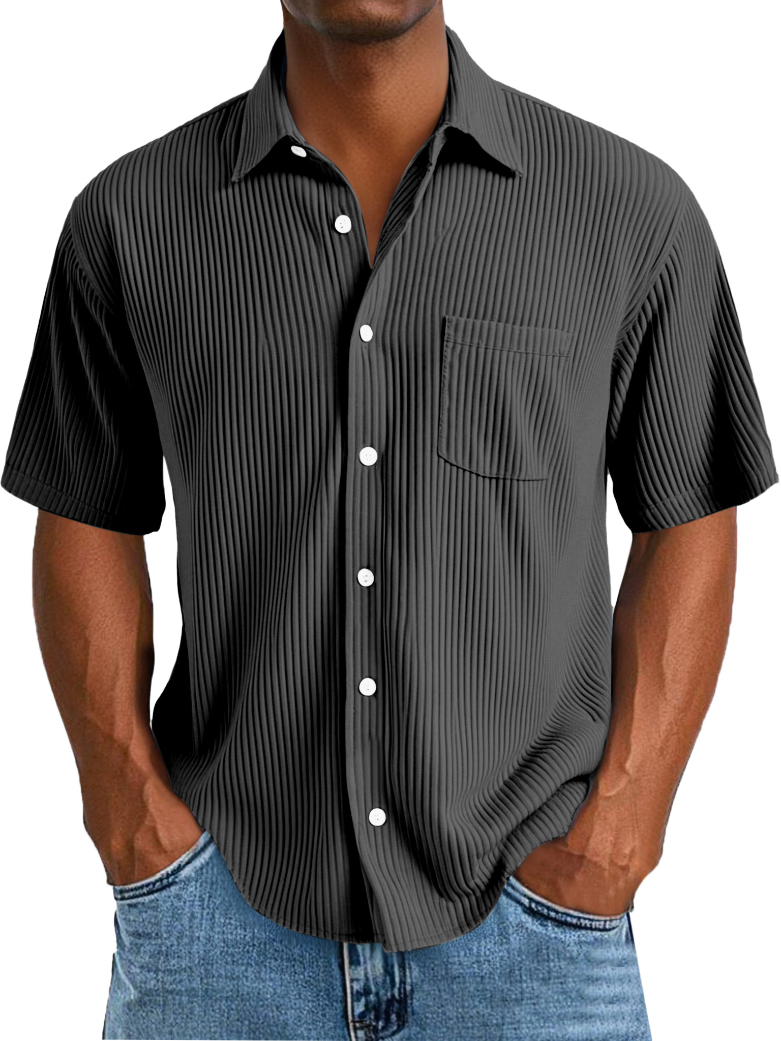 Men's Daily Casual Solid Color Vertical Pit Short-sleeved Lapel Shirt