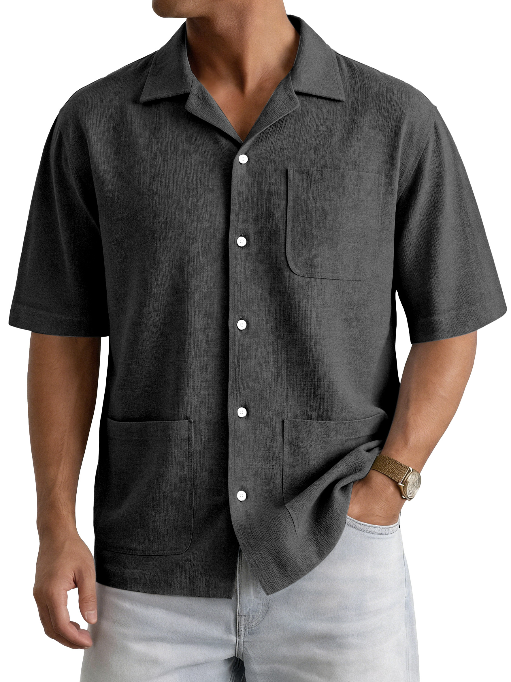 Men's Casual Simple Solid Color Multi-Pocket Cuban Collar Short-Sleeve Shirt