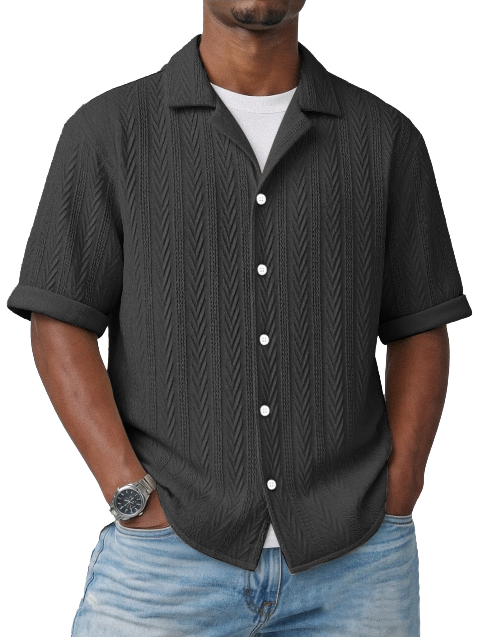 Simple Everyday Textured Short-sleeved Cuban Collar Shirt