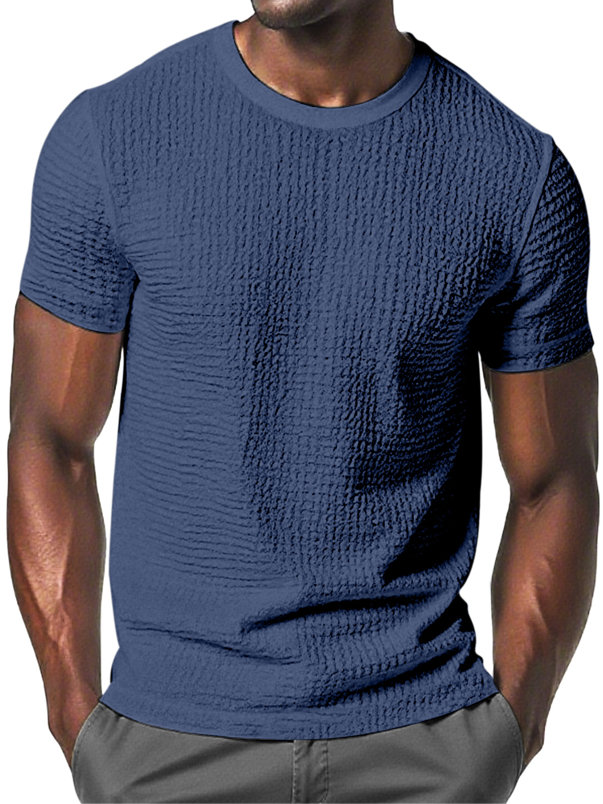 Men's Daily Solid Color Pleated Texture Comfortable Round Neck Short-sleeved T-shirt