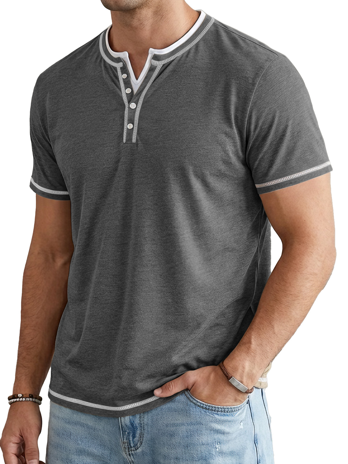 Men's Short Sleeve Color Block Fake Two Piece Henley Shirt