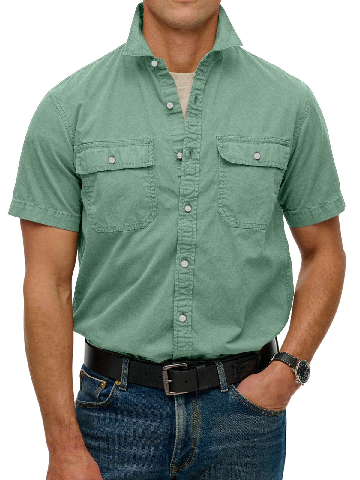 Men's simple double-pocket lapel button-down short-sleeved shirt